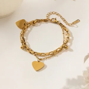 Pulsera de Cadena Doble y Colgantes de Corazón en Acero Inoxidable Dorado