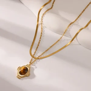 Collar “Oculus”con Ojo de Tigre (Piedra Natural) en Acero Inoxidable y Chapado en Oro de 18K
