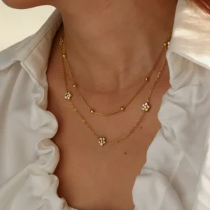 Collar de Cadena Doble “Daisy” con Zirconia en Acero Inoxidable y Chapado en Oro de 18K