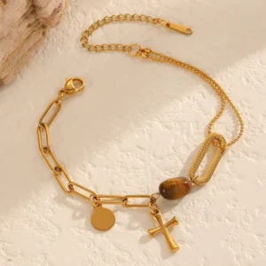 Pulsera “Crucis” con Ojo de Tigre (Piedra Natural) en Acero Inoxidable de Titanio