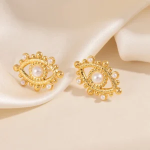 Aretes “Pearl Eye” en Acero Inoxidable Dorado