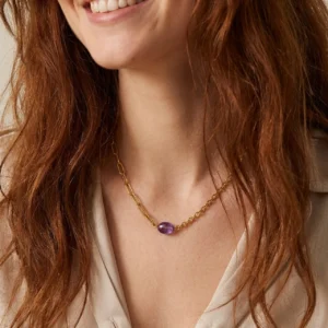 Collar “Rina” con Amatista (Piedra Natural) en Acero Inoxidable y Chapado en Oro de 18K