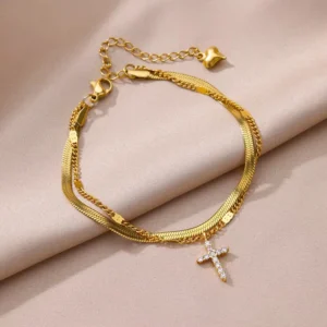 Alternative view of Pulsera de Cadena Doble y Colgante de Cruz en Acero Inoxidable y Chapado en Oro de 18K