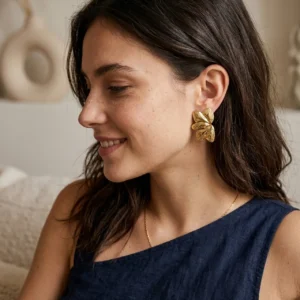Alternative view of Aretes Statement "Follaje" en Acero Inoxidable Dorado