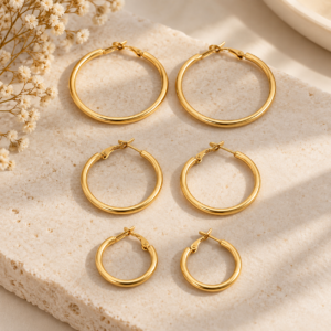 Set de Tres Arracadas Circulares en Acero Inoxidable y Chapado en Oro