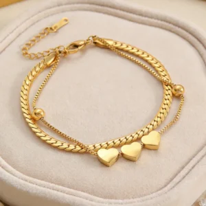 Pulsera de Doble Cadena "Tres de Corazones" en Acero Inoxidable de Titanio